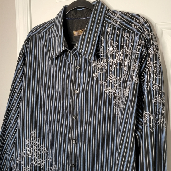Blue Pronto Uomo Men Size XXL Black Blue Stripe Gaucho Western Embellished Shirt - Picture 2 of 8